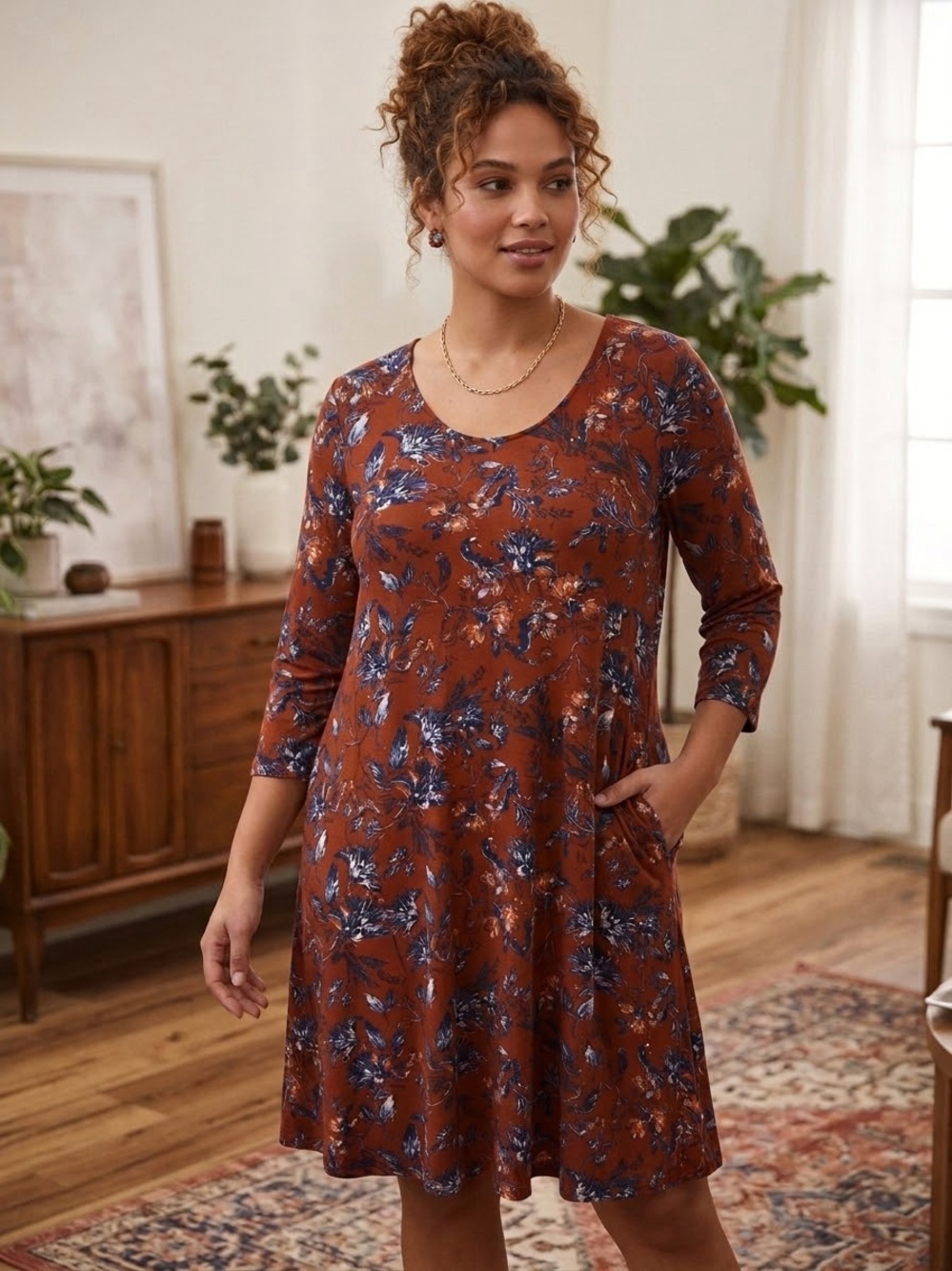 Garnet Hill Women’s Floral Seamed Soft Knit Trapeze Dress In Rust Fall Red Sz L